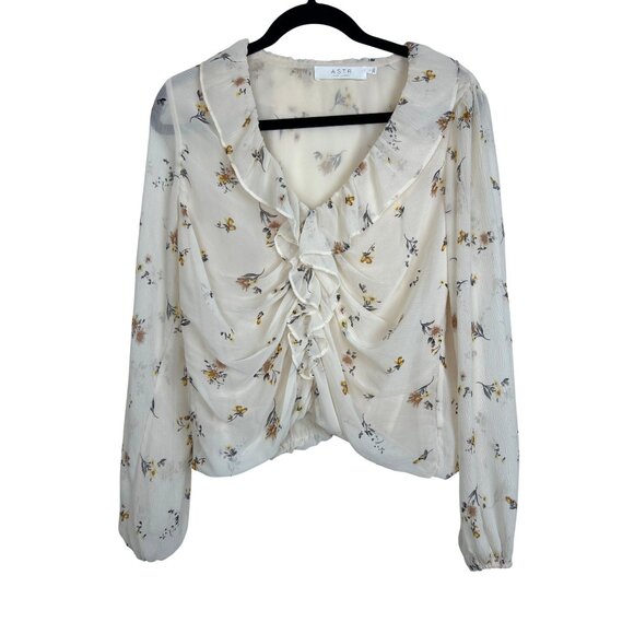 Astr The Label Ruched Blouse Peasant Top Women's Size L Floral White Balloon Lon - Picture 1 of 8